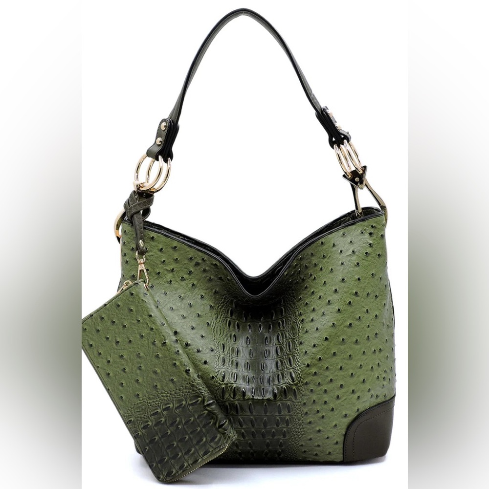 NWT!! 2-in-1 BAG+WALLET! Olive Green Ostrich Patterned Women Bag Set